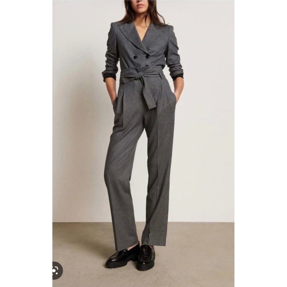 ba&sh Bommy High Waisted Wide Leg Trousers Anthracite Grey Belted Pants L NWT